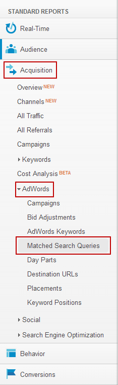 Where to find the 'Matched Search Queries' reports.