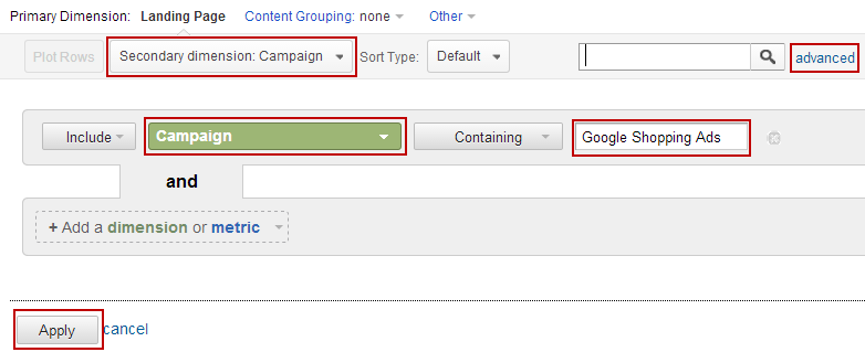 Setting for Google Analytics Landing Page Report to draw out effectiveness of Google Shopping Ads 