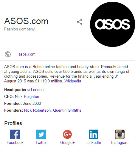 ASOS social profiles schema markup