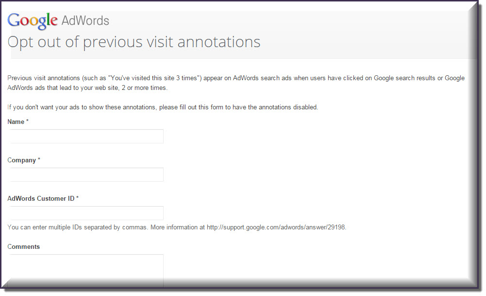 Adwords opt out of previous visits annotations
