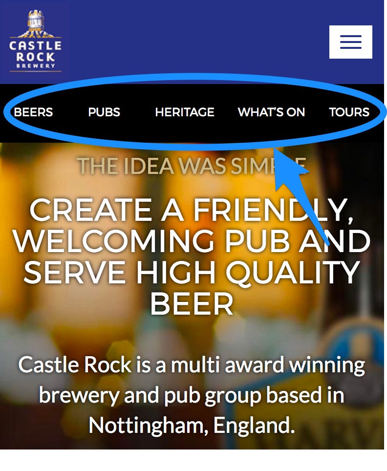 Mobile navigation on Castle Rock Brewery website