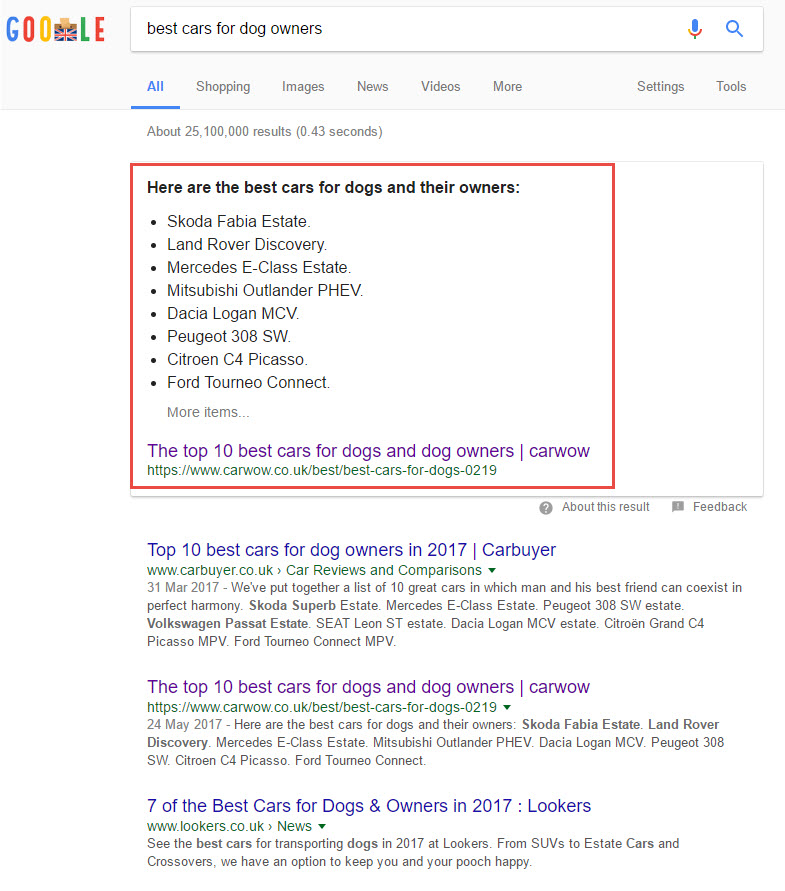 Digital marketing in the automotive industry: Google Answer Box Example 2017