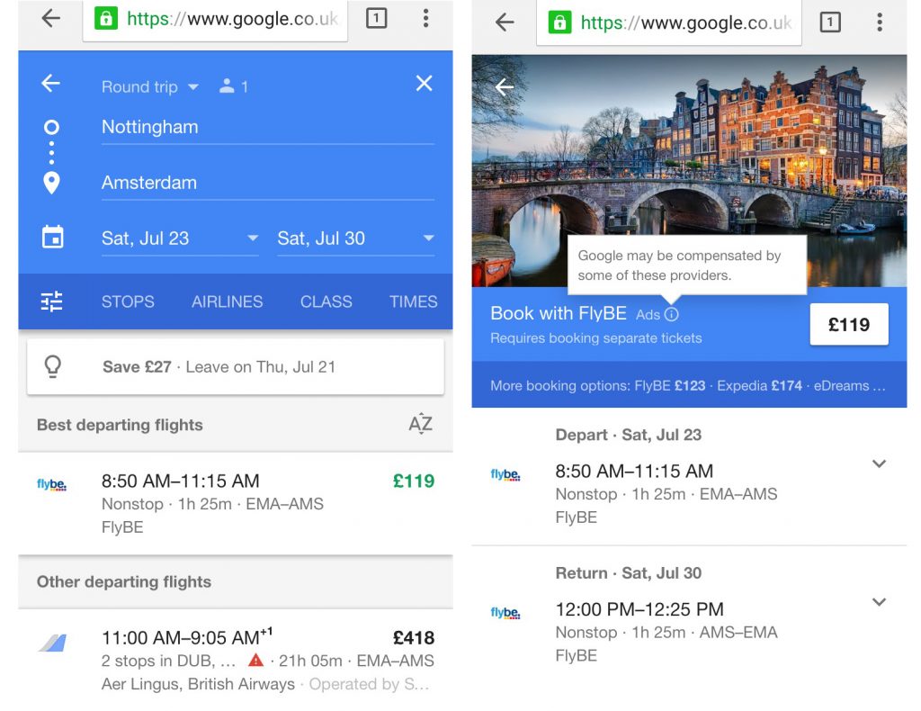 Google Flights in Google Destinations on mobile