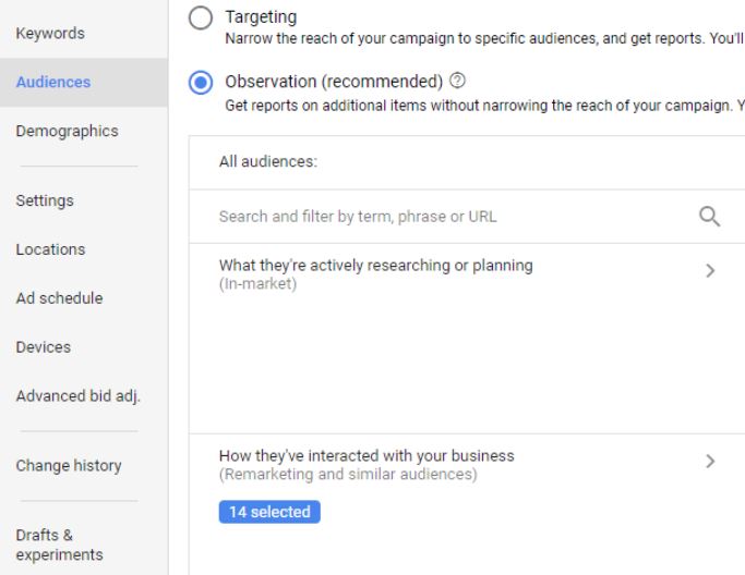 Screenshot of the audience settings in the new Google AdWords interface