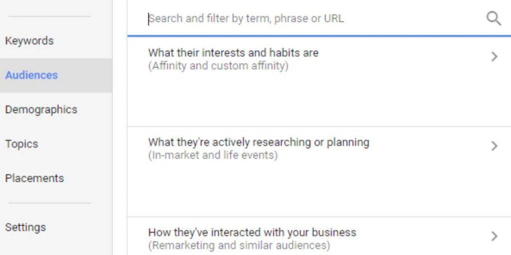 Screenshot of the Life Event audience targeting feature in thew new Google AdWords interface