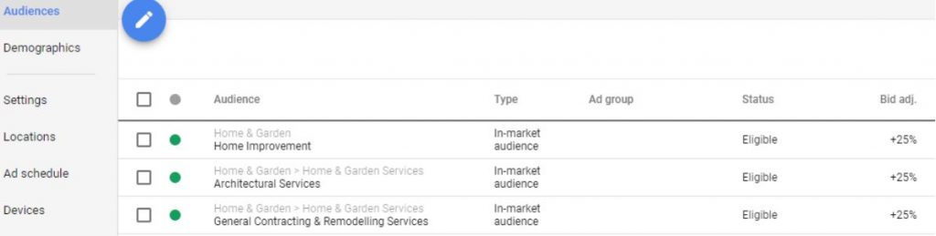 Screenshot of the in-market search targeting option within the new Google AdWords interface.