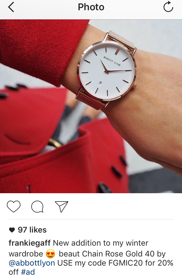 An instagram user featuring a watch advert in her feed.