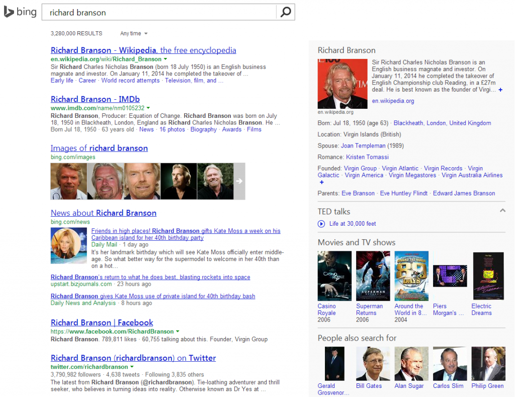 Bing Satori search results
