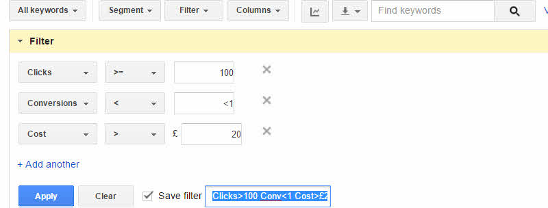 AdWords Filter to identify Costly keywords with no conversions