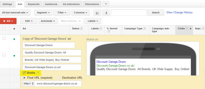 AdWords Setting mobile device preferences