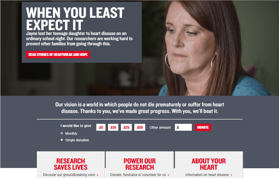 british heart foundation homepage example for charity marketing post