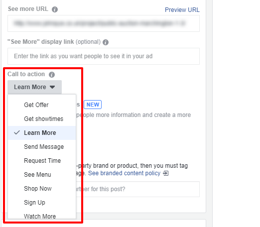 a/b split test facebook call to action options