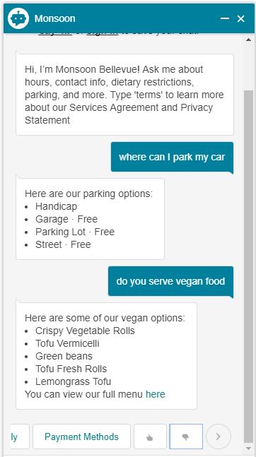 chatbot in bing search results for restaurant