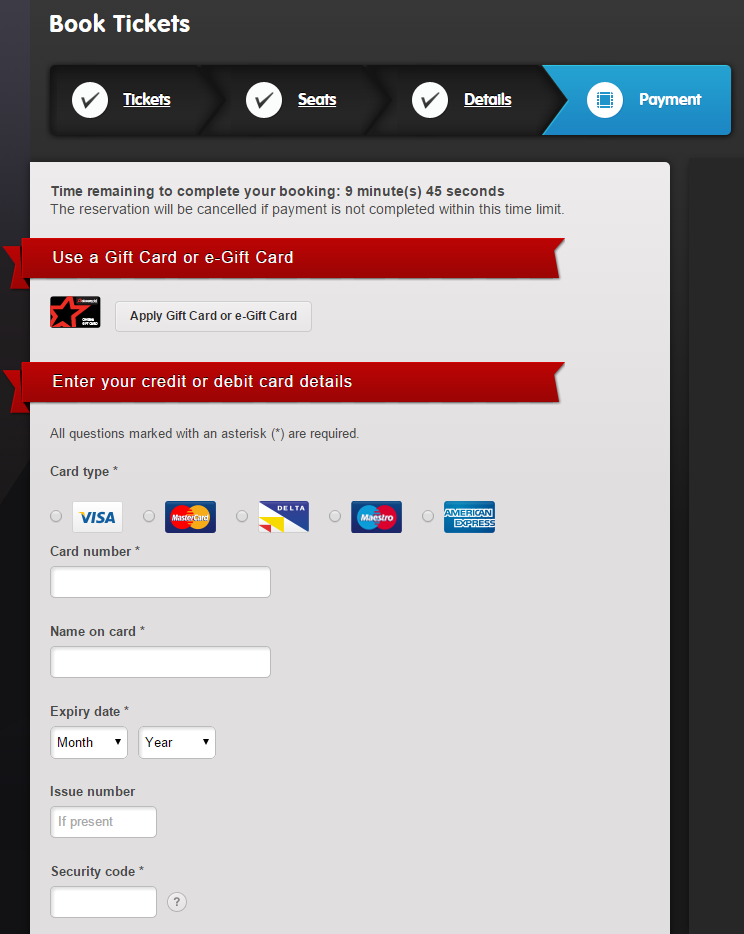 The payment page for Cineworld is very clearly laid out