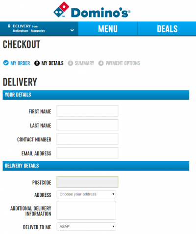 You can skip registration on the Domino's website