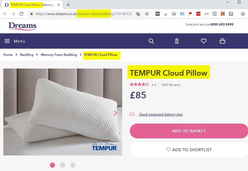 Ecommerce product page SEO on the Dreams site