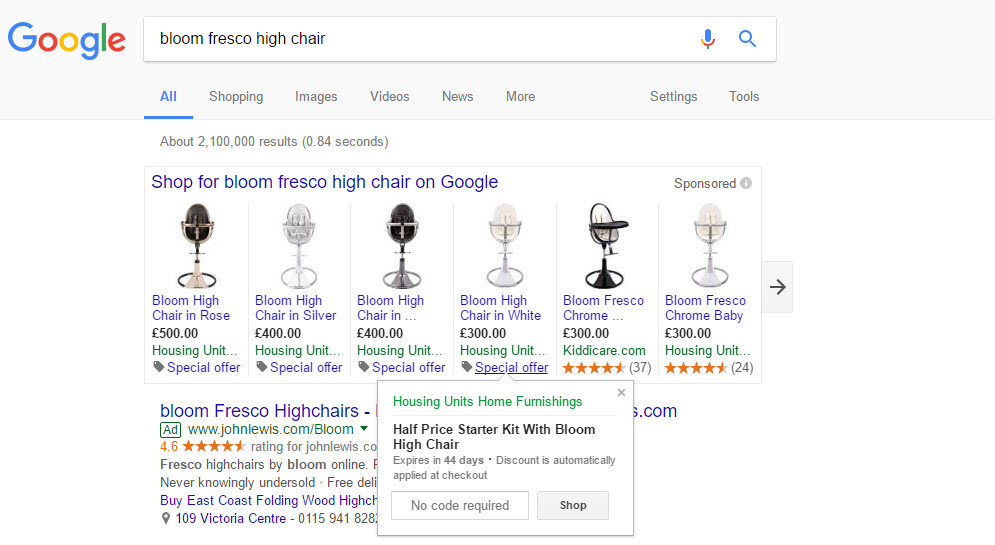 Merchant promotion example on Google's Search results