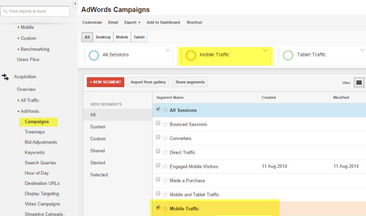 Google Analytics - How to add a mobile advanced segment to view your Mobile AdWords performance