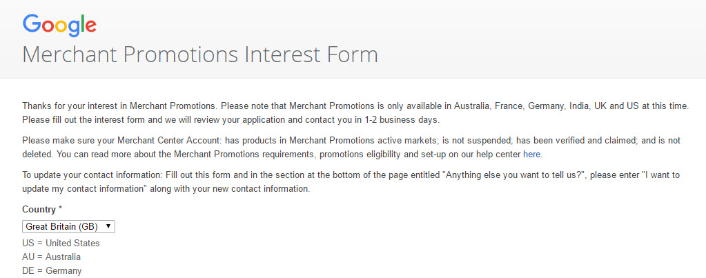 Google Merchant Promotions Interest Form