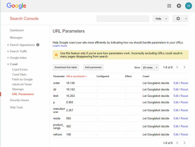 Configuring URL parameters in Google Search Console