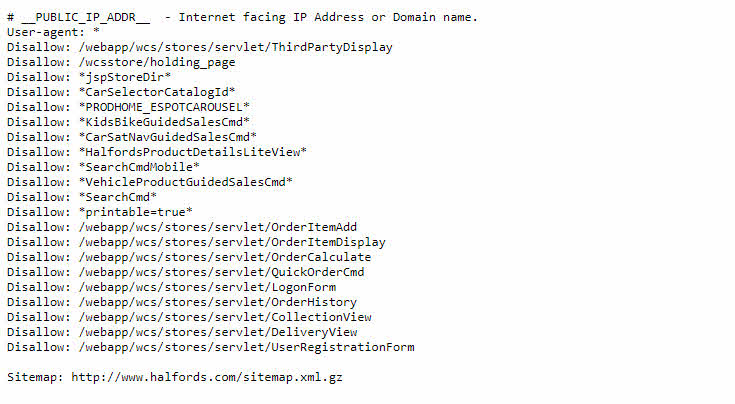 Halfords.com robots.txt file. None of the problematic parameter pages are blocked