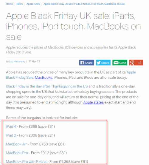 Example links from Macworld Black Friday Blog in 2012