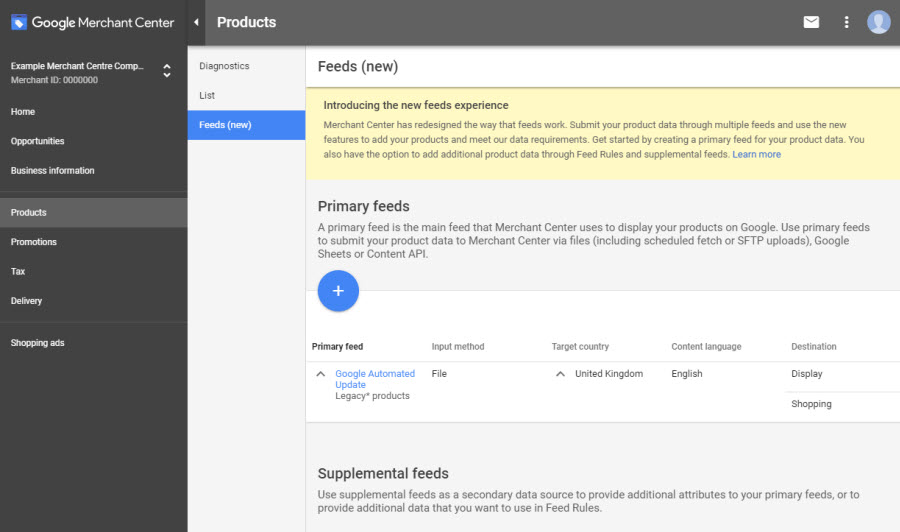 New Feeds interface in Google Merchant Center