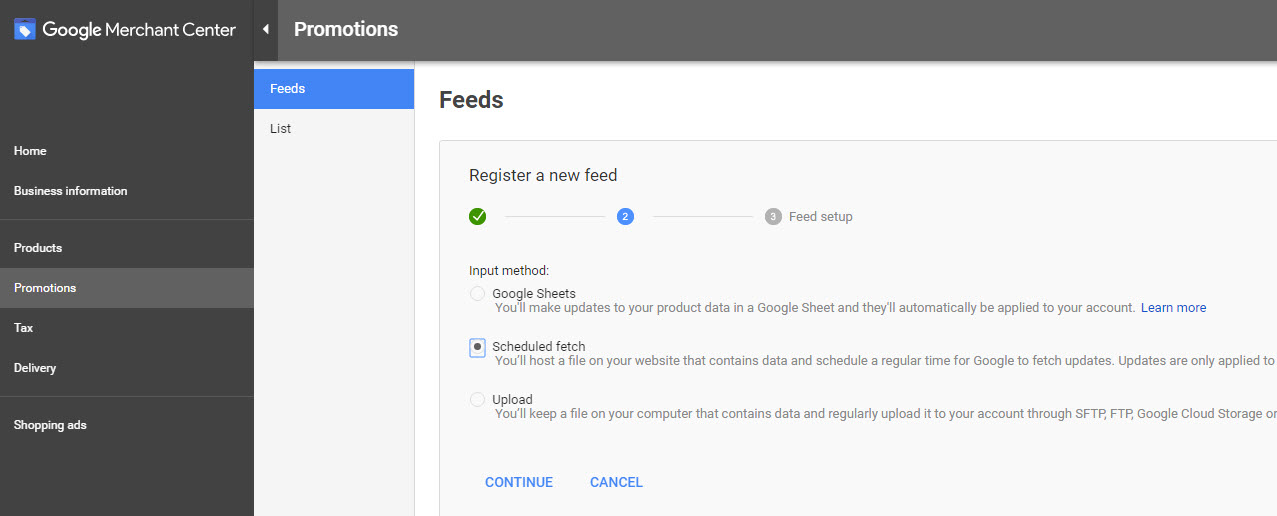 selecting a feed type for your Google Merchant Promotions feed