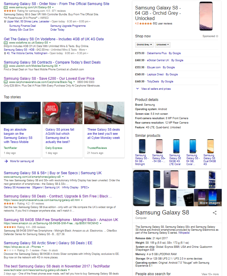 SEO in 2018 - Samsung S8 Search Results