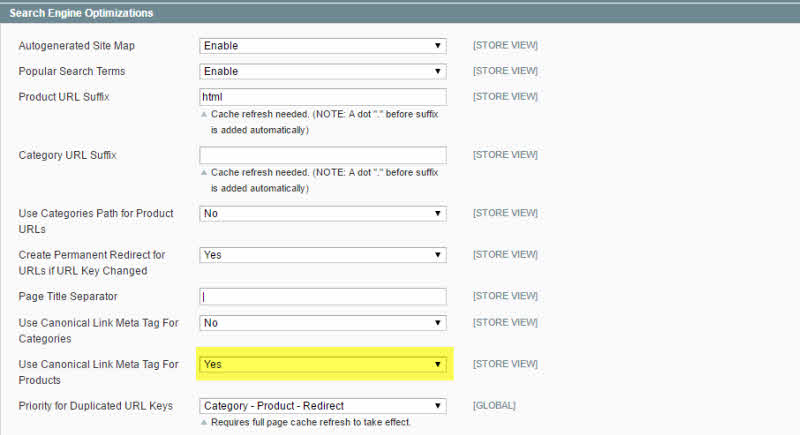 setting magento product canonical tag default