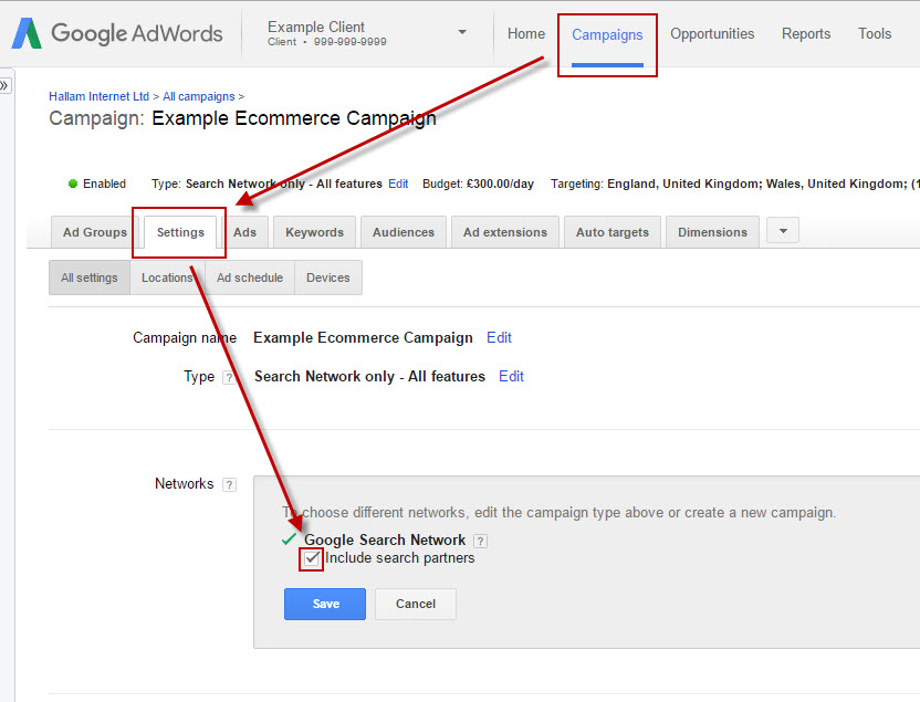 How to disable AdWords Search Partners