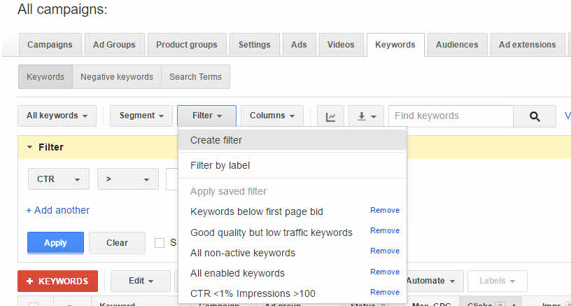 How to apply AdWords filters