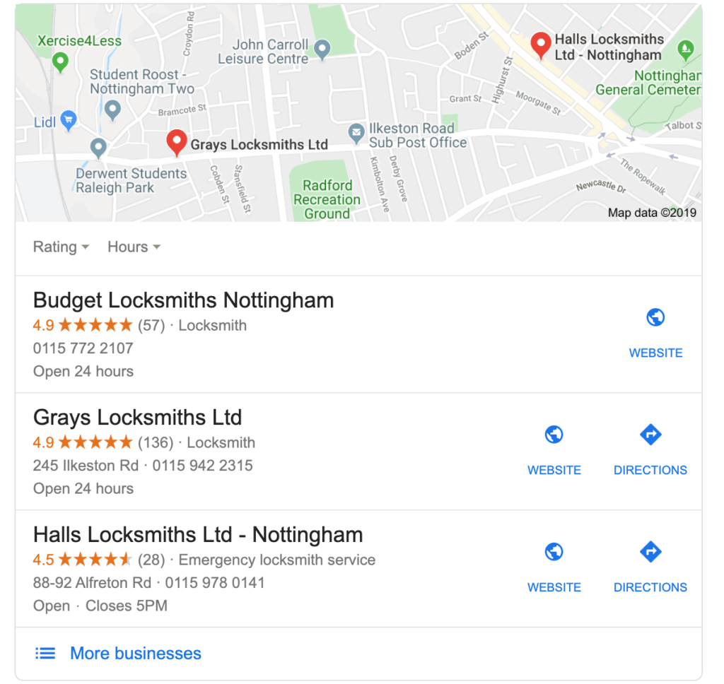 Google Local Pack search results