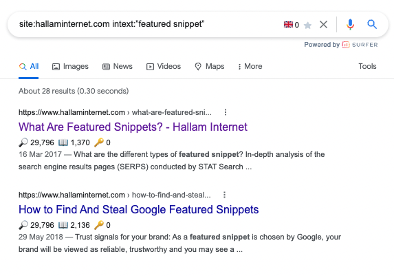 screenshot of a Google search results page displaying a blog on featured snippets