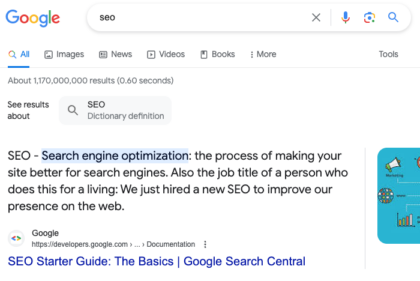'SEO' typed into search bar with a paragraph featured snippet on the SERP explaining what it is