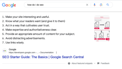 'How do i do SEO' asked in the search bar and a list featured snippet underneath
