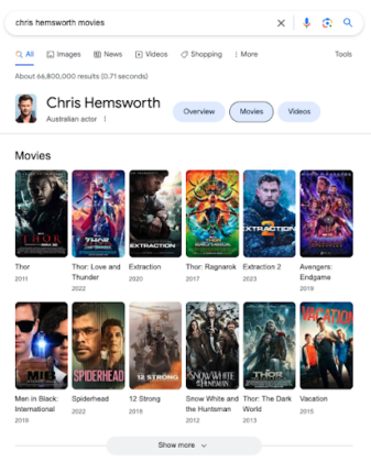 A search of 'Chris Hemsworth movies' comes up with a featured snipped carousel