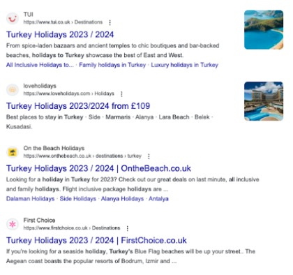 SERPs for 'Turkey holiday' 