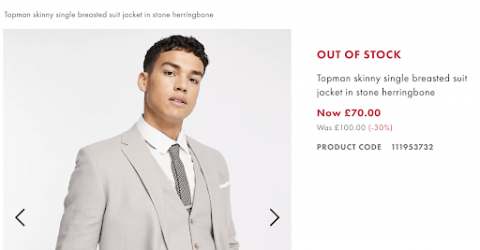 suit jacket labelled 'out of stock' on ASOS website