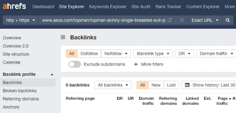 ahrefs site showing how many backlinks a URL has got