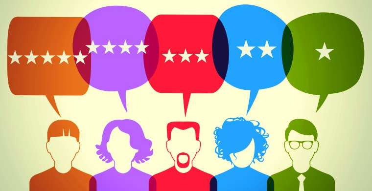 colourful illustration of 5 people giving star reviews