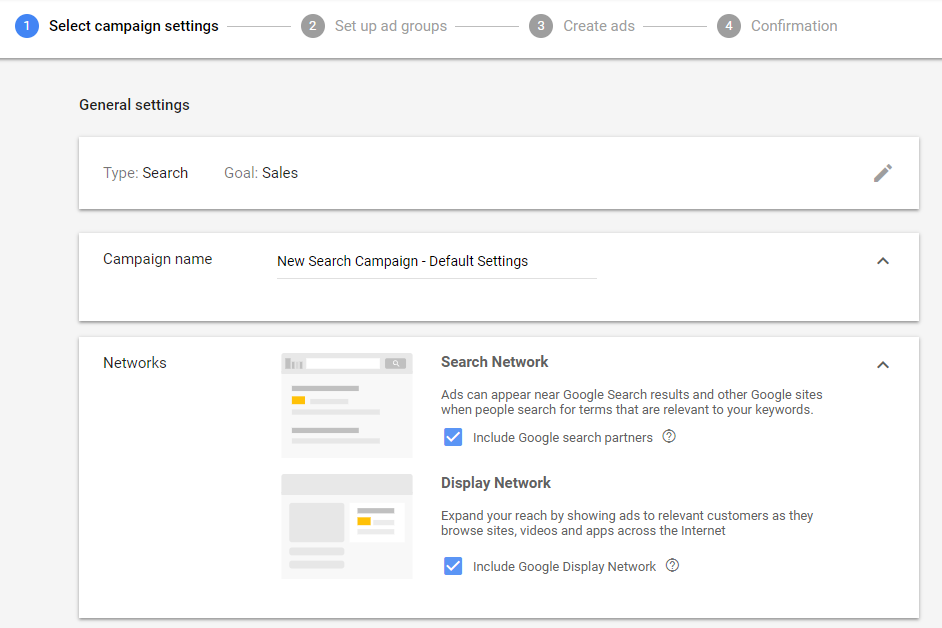 Default settings when creating a new Google Ads Search campaign