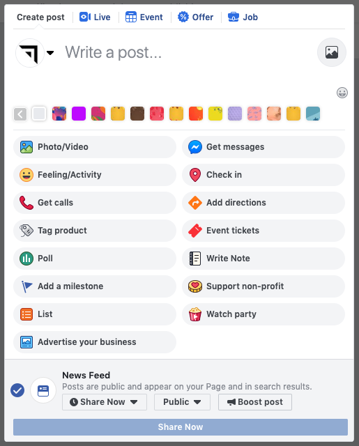 Facebook business page post options