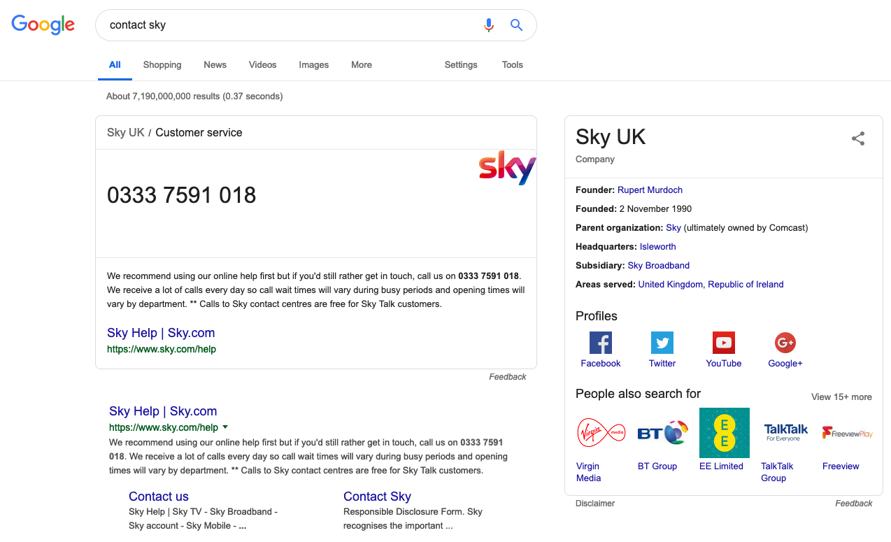 contact sky featured snippet