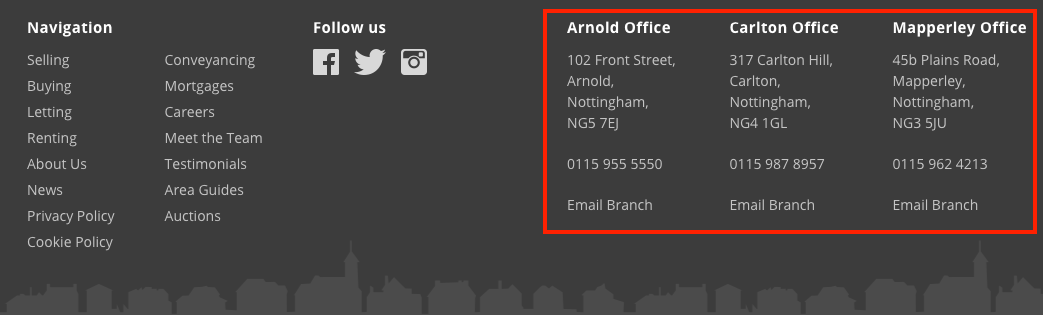 Example how how to add your estate agency addresses in the website footer