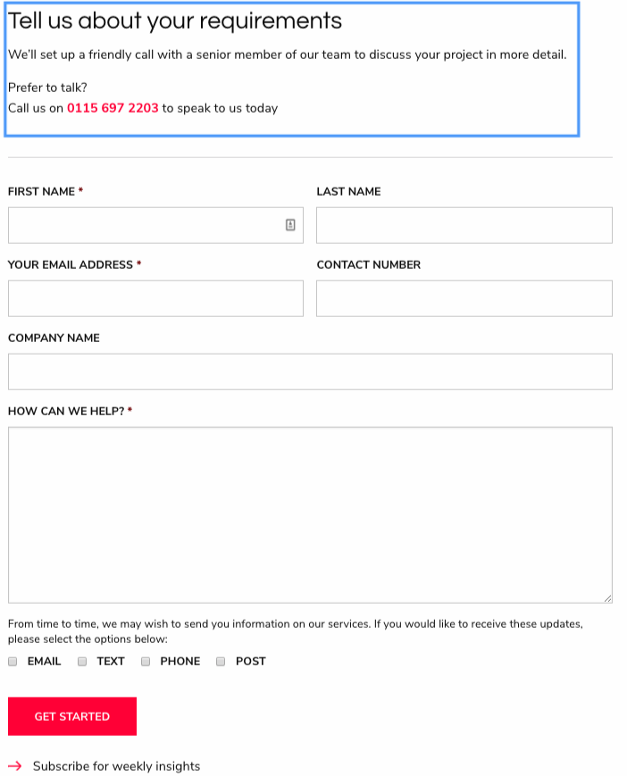 best practice contact form demonstrating how to increase website conversion rates