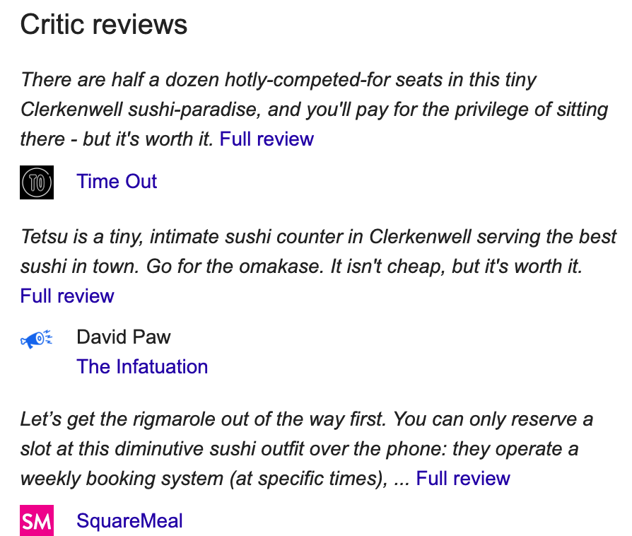 Critic Review Example for a restaurant (Local SEO)