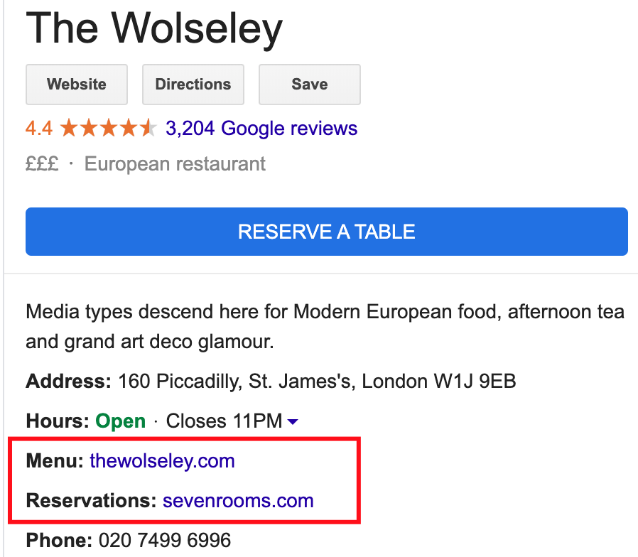 Menu link example for a restaurant on Google My Business
