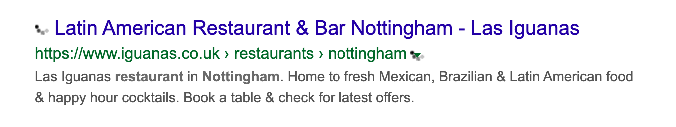 Example of a well optimised restaurant meta title and description for Local SEO