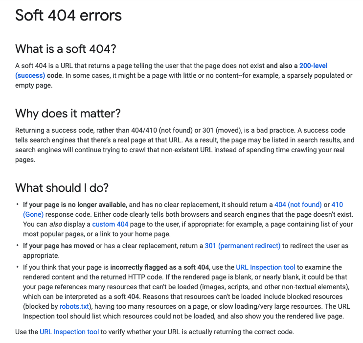 Google's information on soft 404 errors
